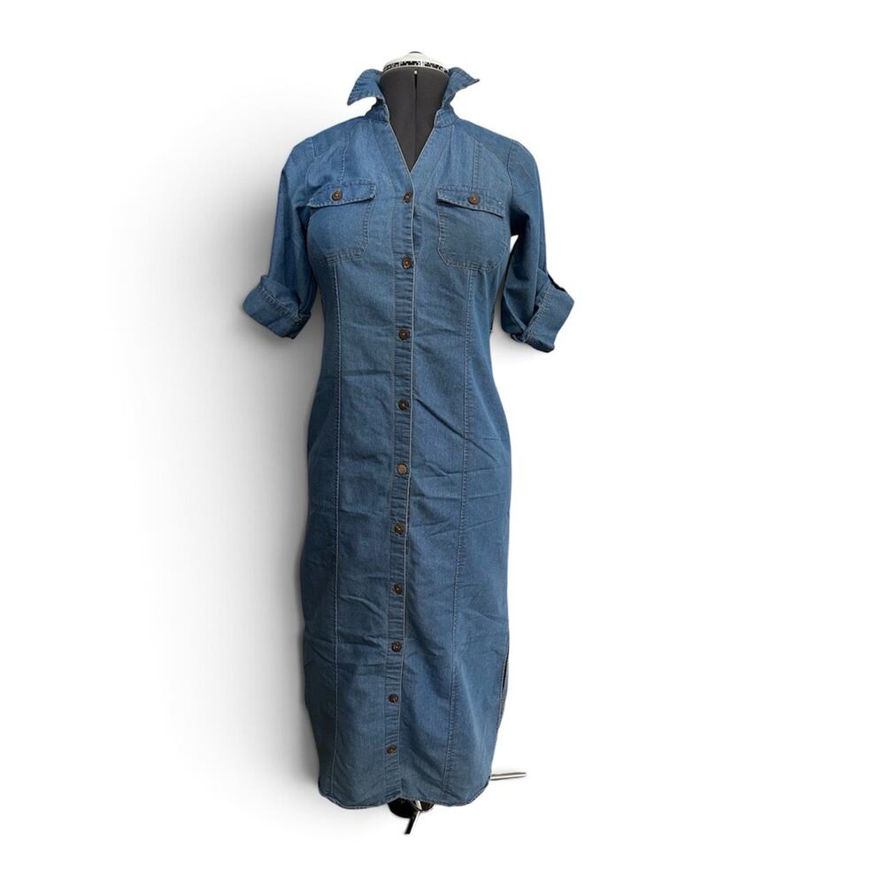 J Gee Blue Chambray Denim Maxi Shirt Dress Size Medium Cotton Boho Western